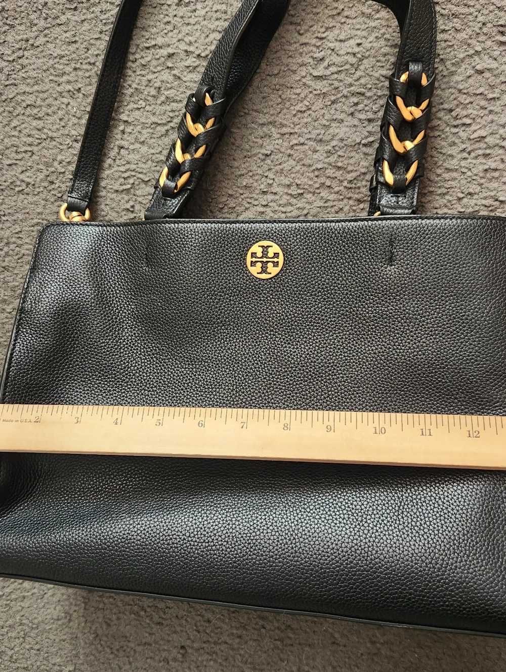 TORY BURCH Everly Handbag Black Leather Tote Multi Pocket Purse - Picture 9 of 11